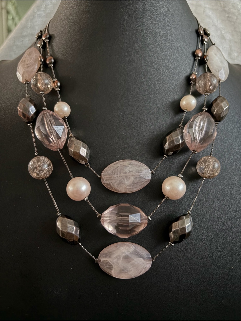 NY Collection Multi-Strand Pink and Gray Beaded Statement Necklace
